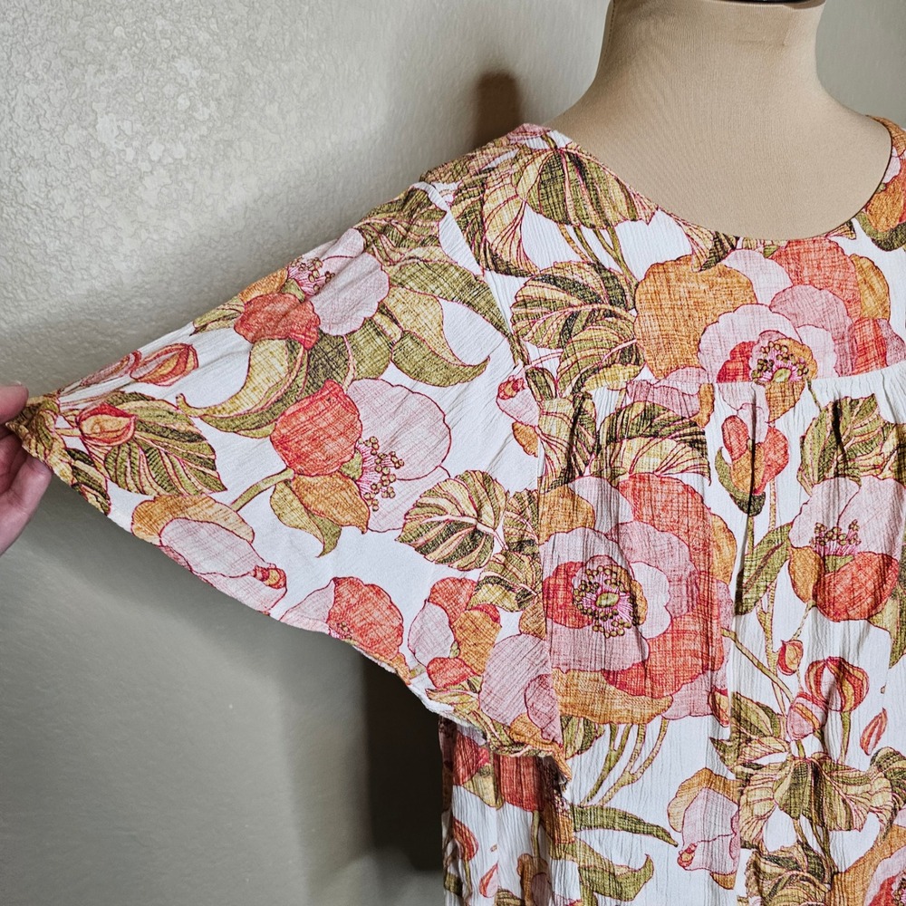 Garnet Hill Womens Floral Viscose Blouse Orange Pink Flutter Sleeve Top Large - Picture 2 of 8